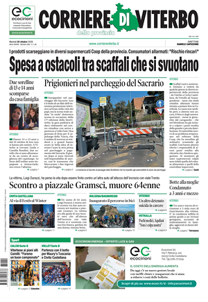 Prima pagina Corriere di Viterbo di oggi - Quotidiano regionale