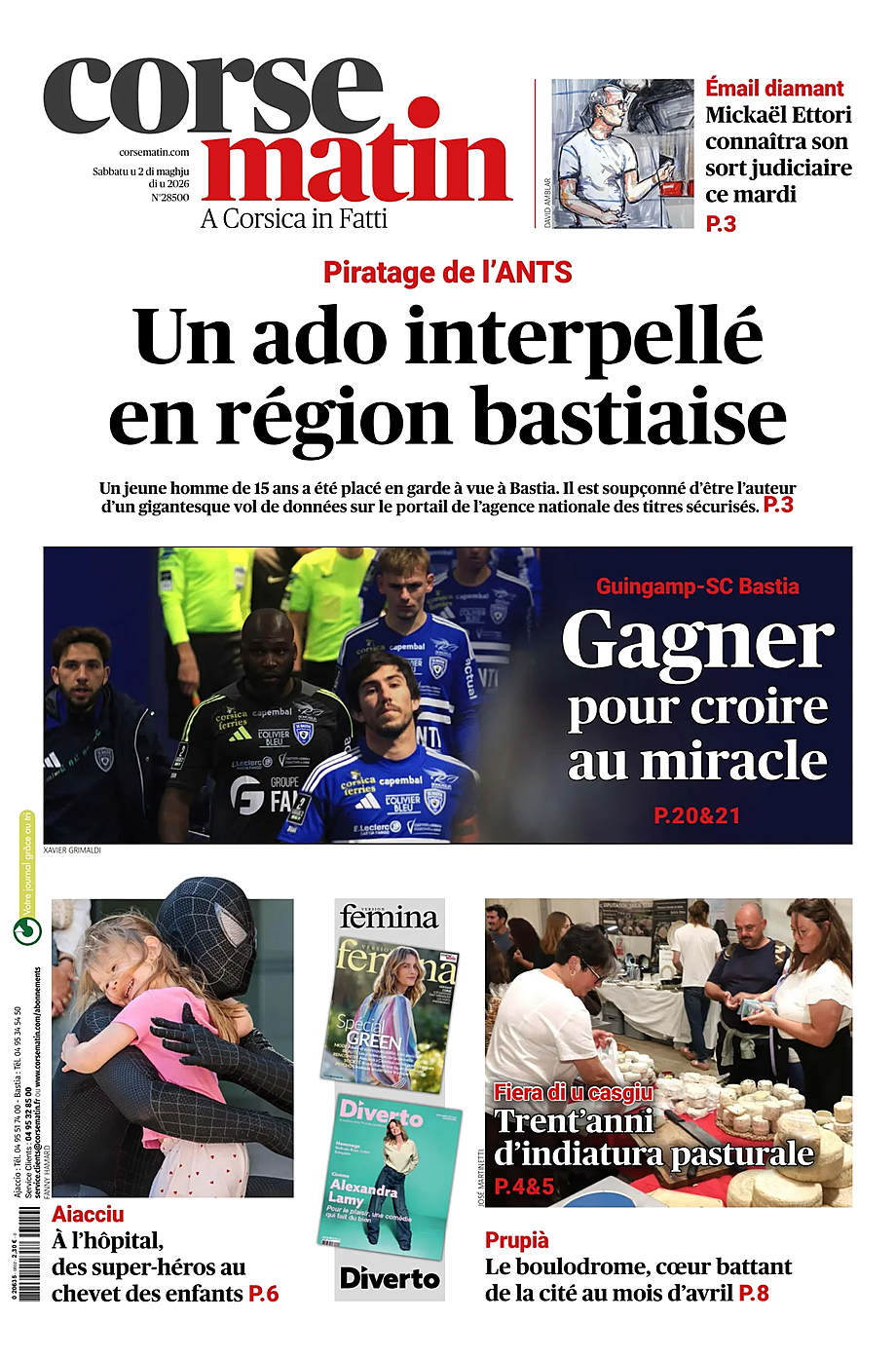 Une de Corse Matin du jour - Presse 2 mai 2026
