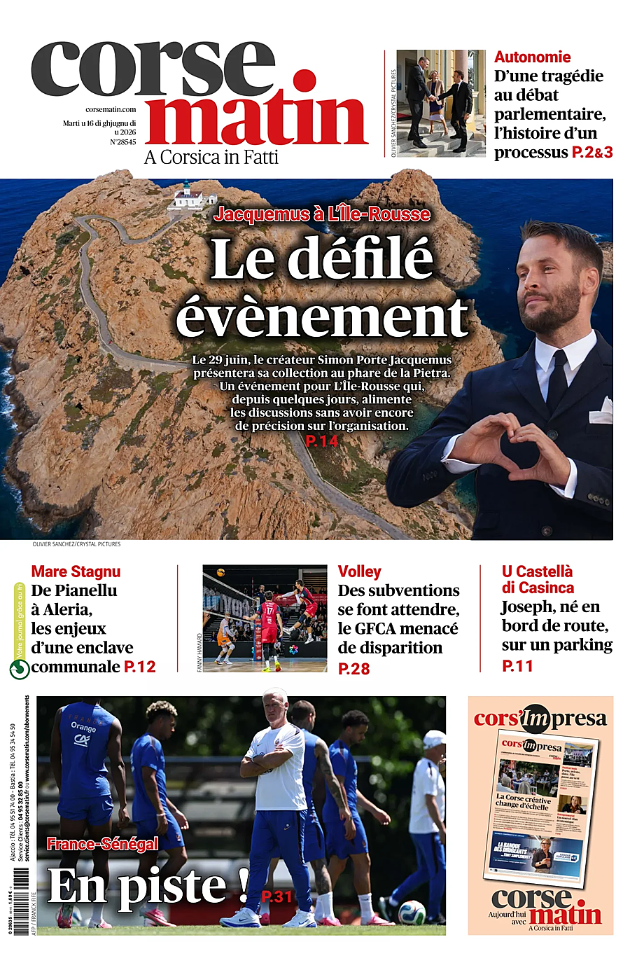 Une de Corse Matin du jour - Presse 16 juin 2026