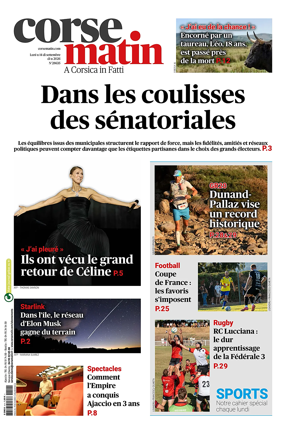 Une de Corse Matin du jour - Presse 14 septembre 2026