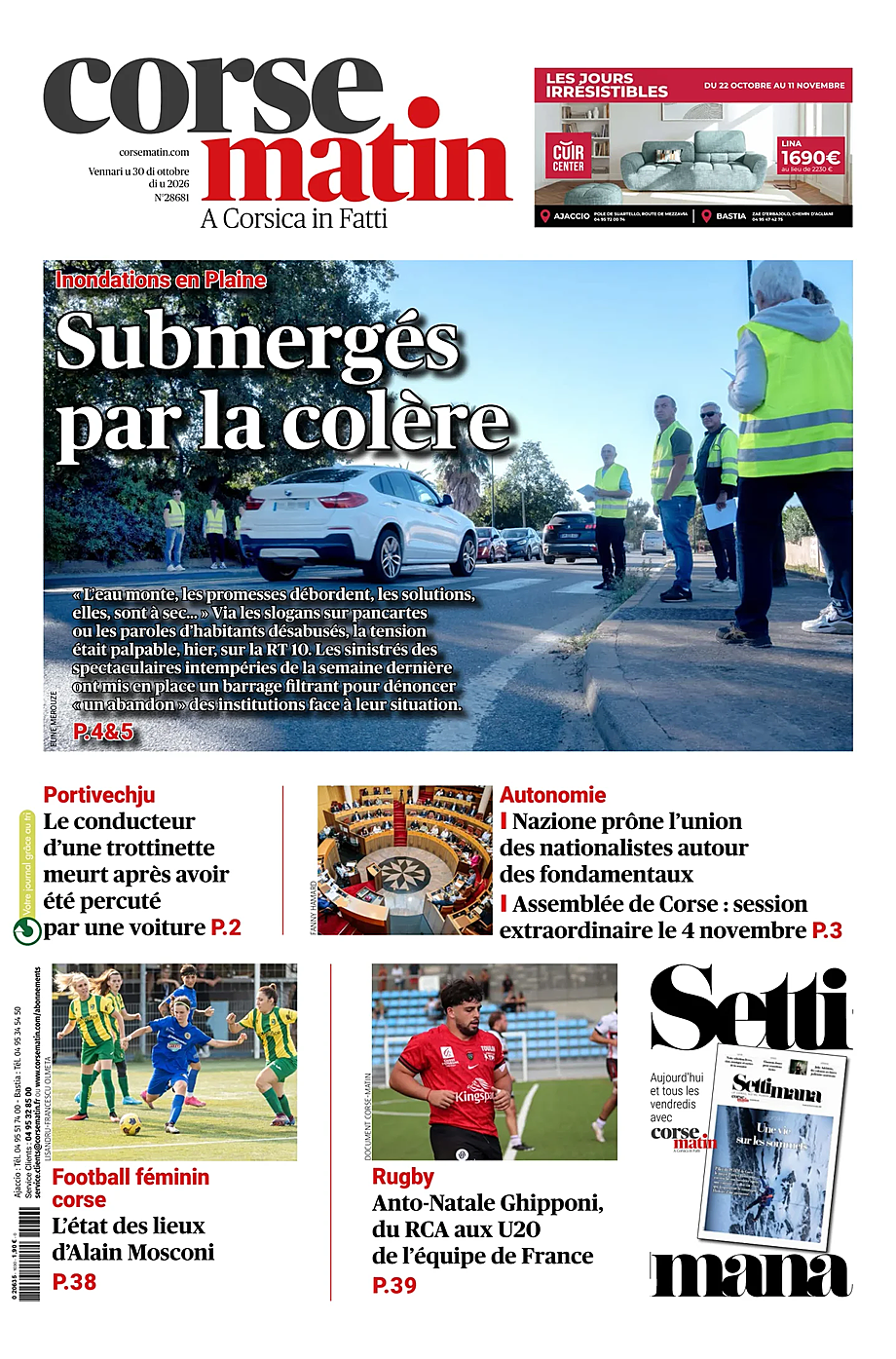 Une de Corse Matin du jour - Presse 30 octobre 2026