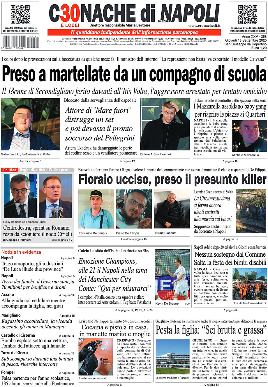 Prima pagina Cronache di Napoli di oggi - Edicola 18 Settembre 2025