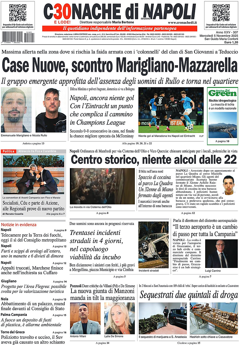 Prima pagina Cronache di Napoli di oggi - Edicola 5 Novembre 2025