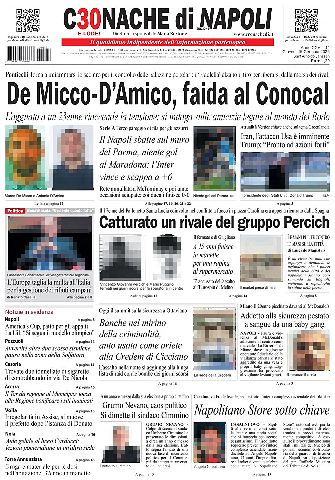 Prima pagina Cronache di Napoli di oggi - Edicola 15 Gennaio 2026