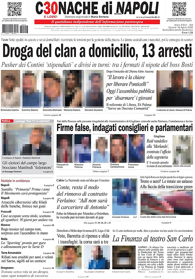 Prima pagina Cronache di Napoli di oggi - Edicola 16 Aprile 2026