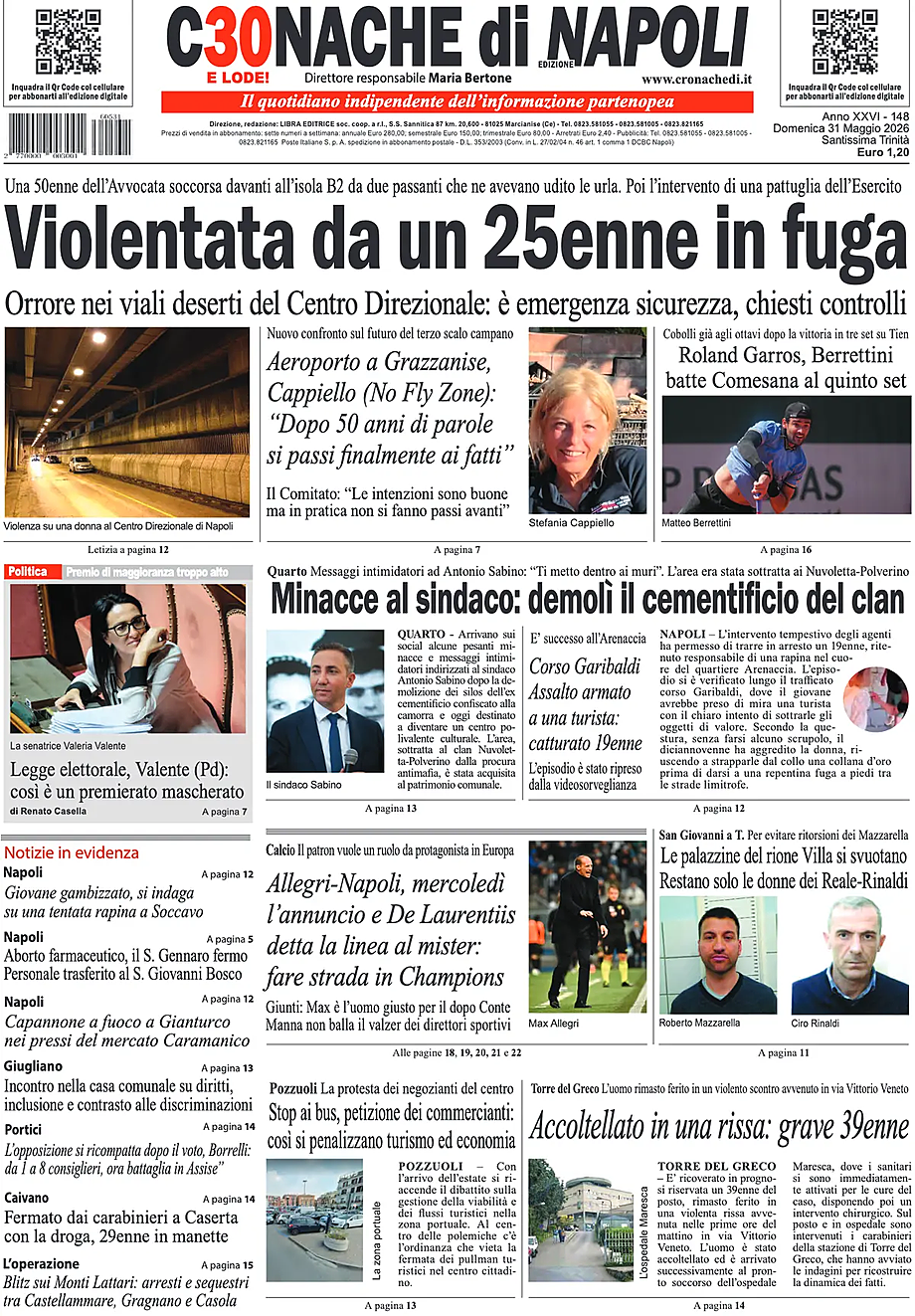 Prima pagina Cronache di Napoli di oggi - Edicola 31 Maggio 2026