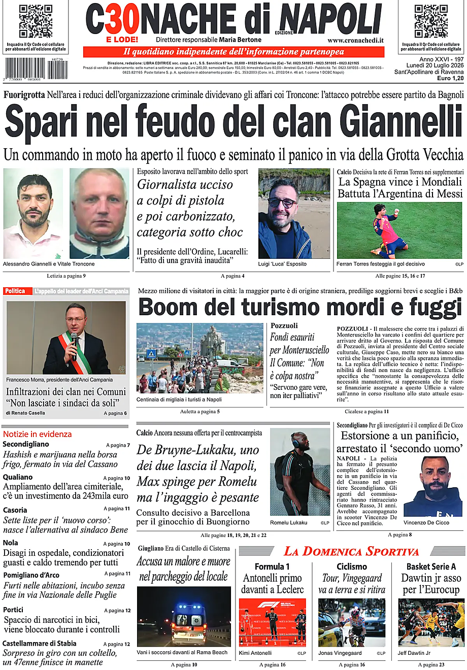 Prima pagina Cronache di Napoli di oggi - Edicola 20 Luglio 2026