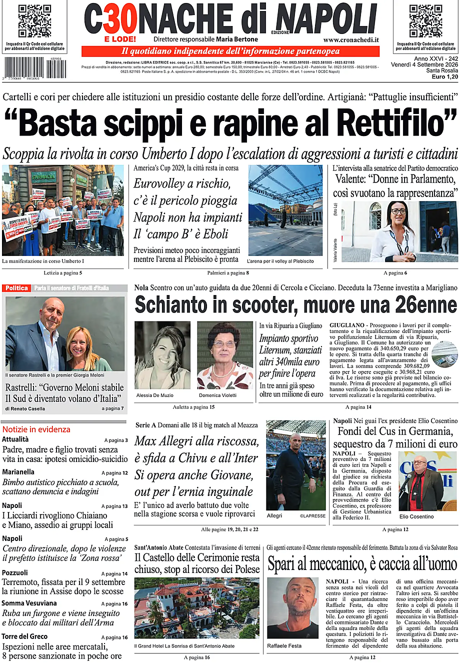 Prima pagina Cronache di Napoli di oggi - Edicola 4 Settembre 2026