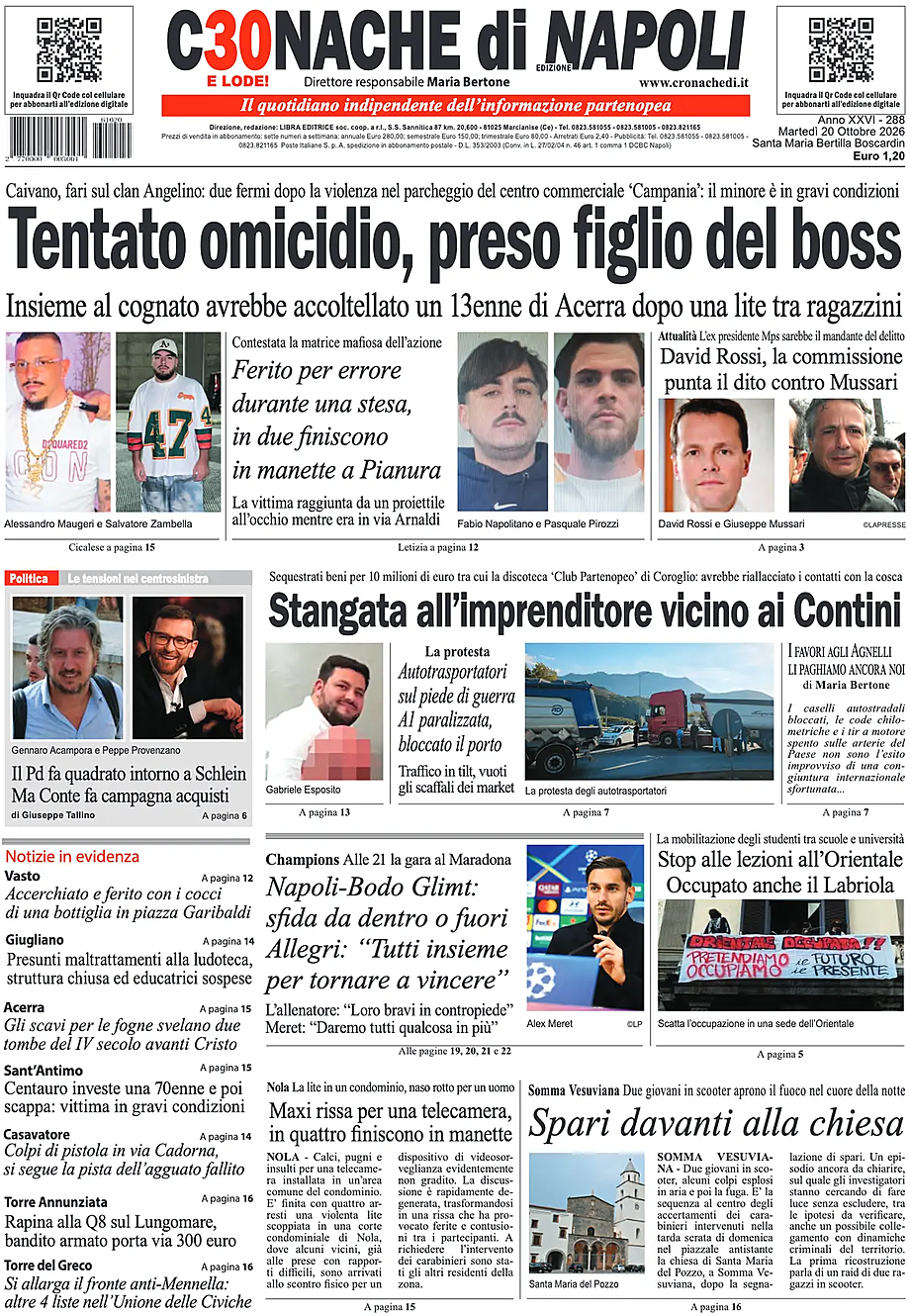 Prima pagina Cronache di Napoli di oggi - Edicola 20 Ottobre 2026