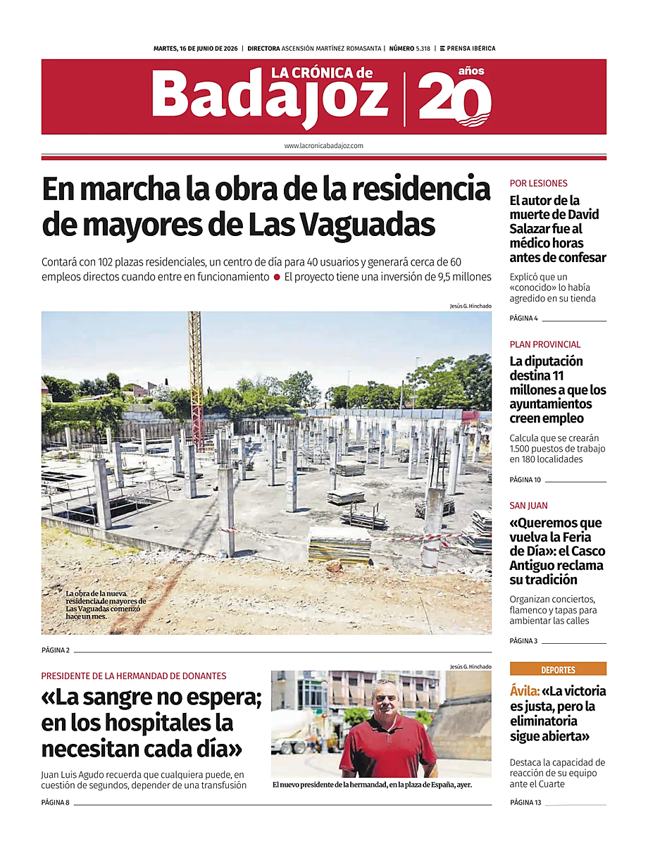 Portada La Crónica de Badajoz de hoy - Quiosco 16 junio 2026