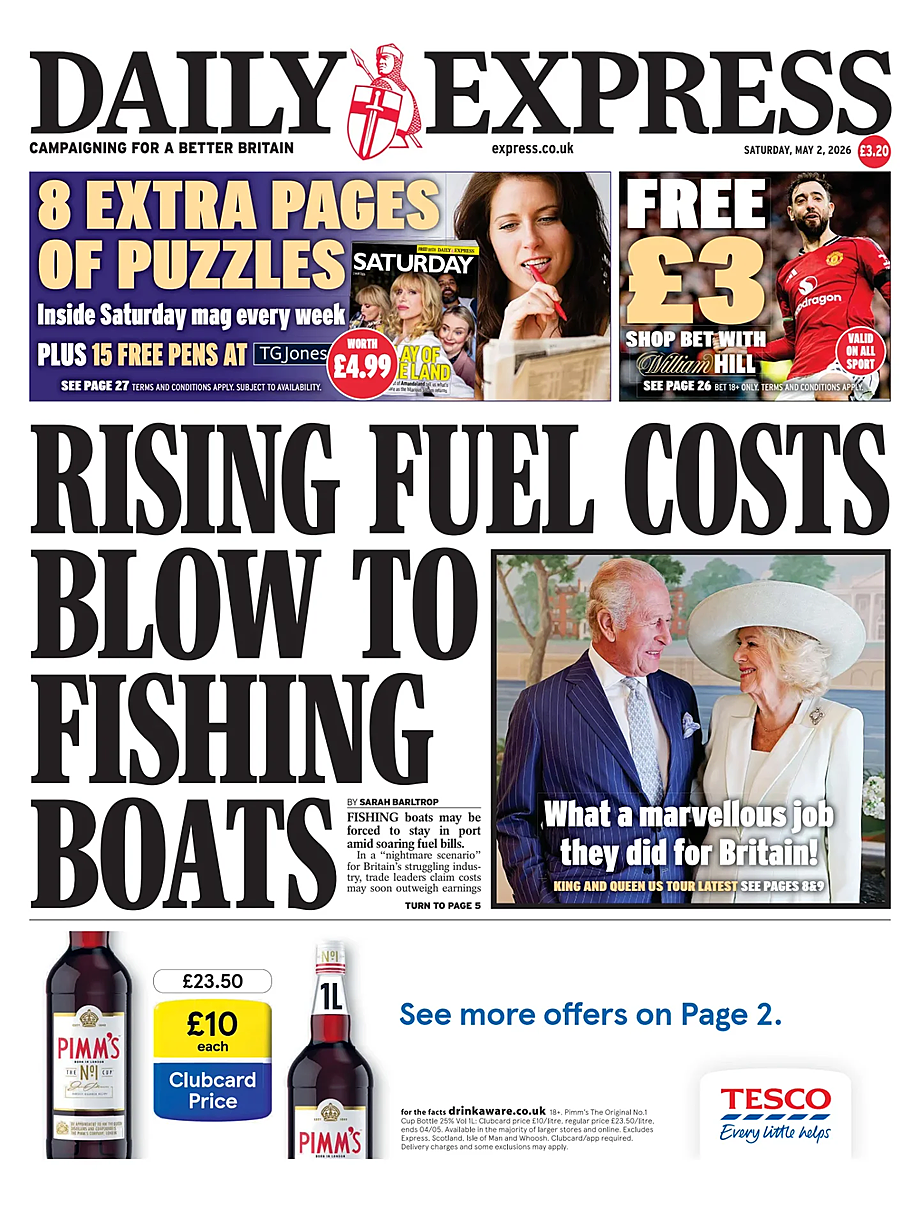 Front page of Daily Express today - UK press 2 May 2026