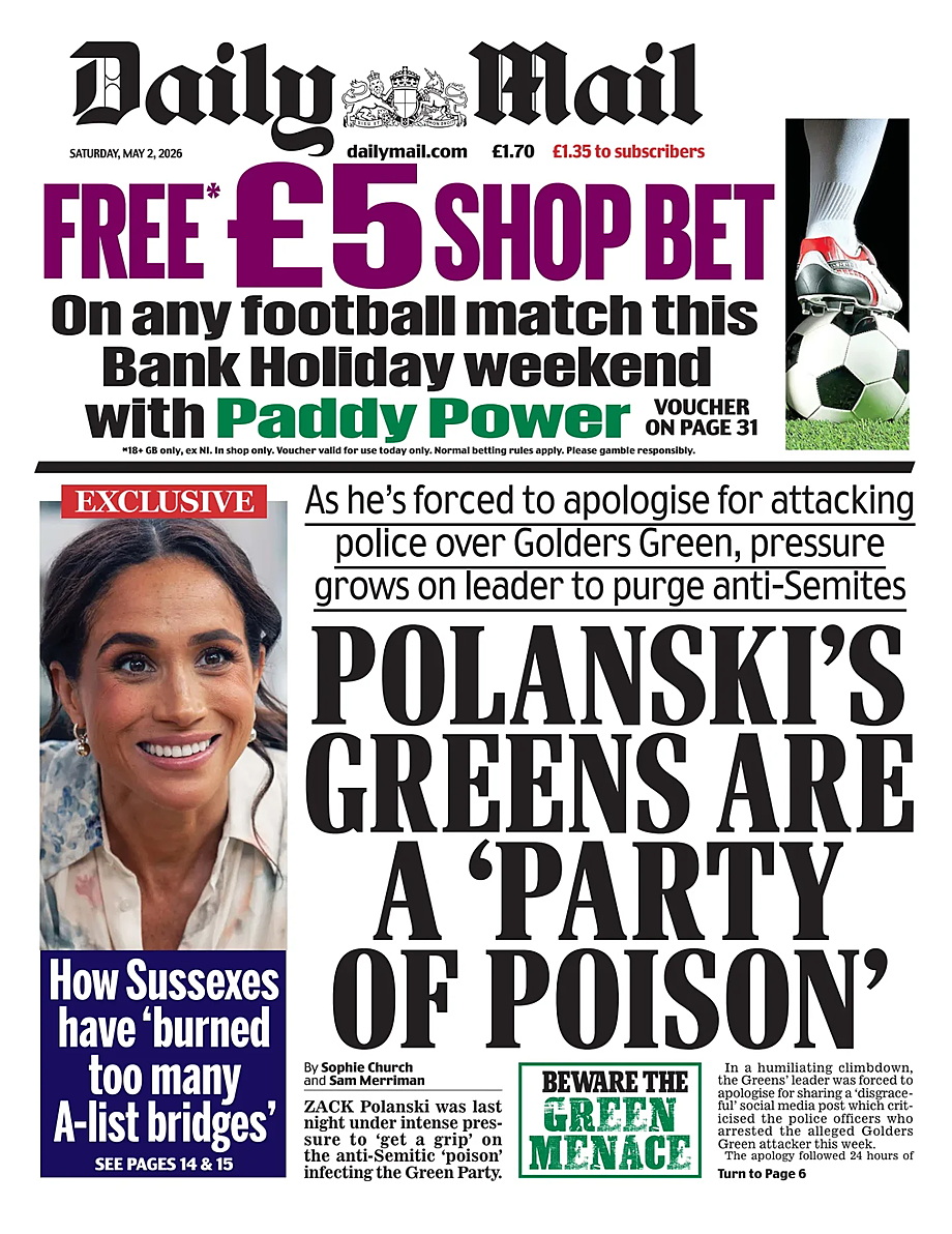 Front page of Daily Mail today - UK press 2 May 2026