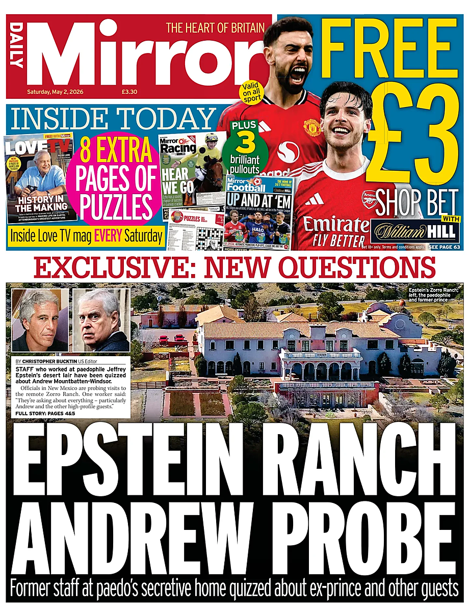 Front page of Daily Mirror today - UK press 2 May 2026