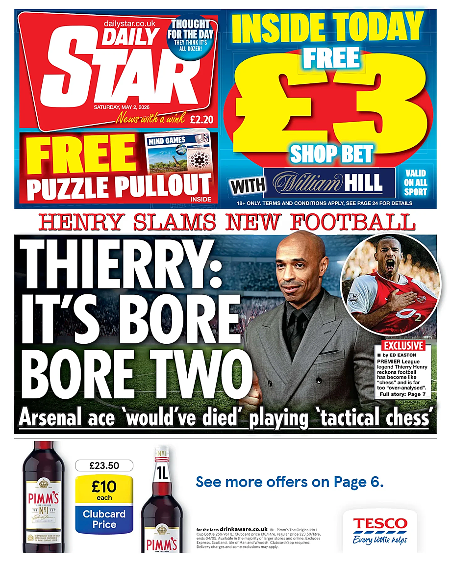 Front page of Daily Star today - UK press 2 May 2026