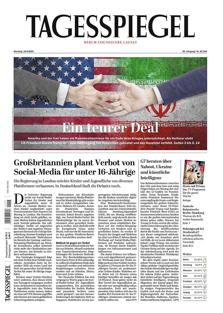 Titelseite von Der Tagesspiegel heute - Presse 16 Juni 2026