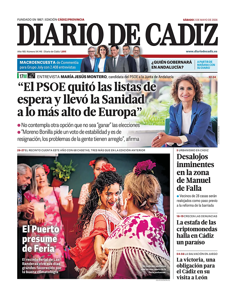 Portada Diario de Cádiz de hoy - Quiosco 2 mayo 2026