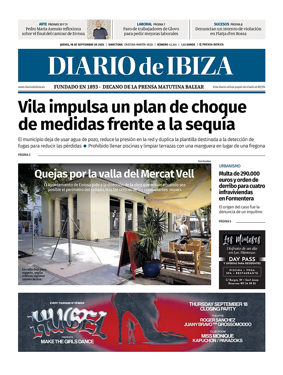 Prima pagina Diario de Ibiza di oggi - Edicola 18 Settembre 2025