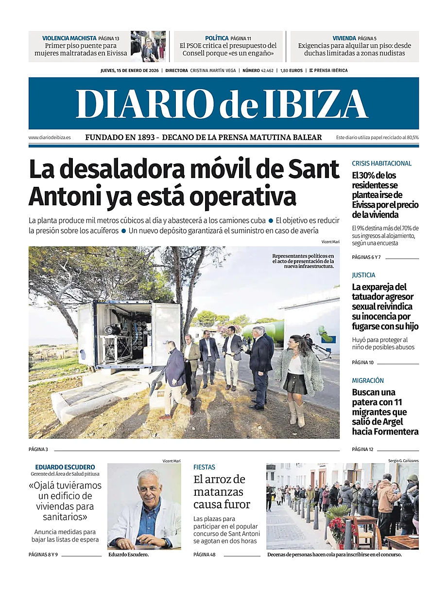 Prima pagina Diario de Ibiza di oggi - Edicola 15 Gennaio 2026