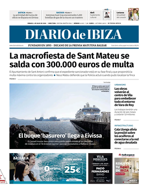 Prima pagina Diario de Ibiza di oggi - Quotidiano regionale