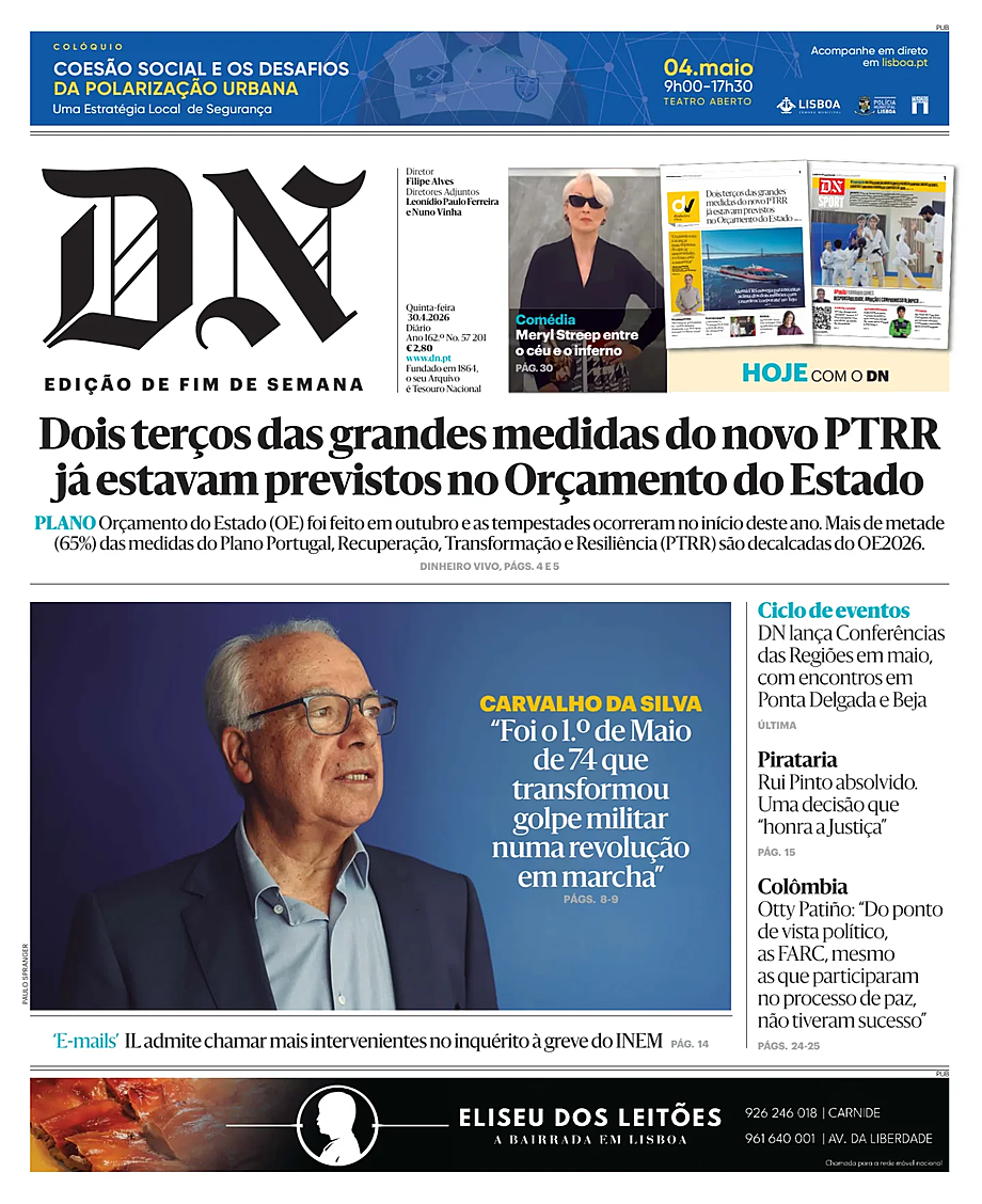 Capa de Diário de Notícias de hoje - Imprensa 30 Abril 2026