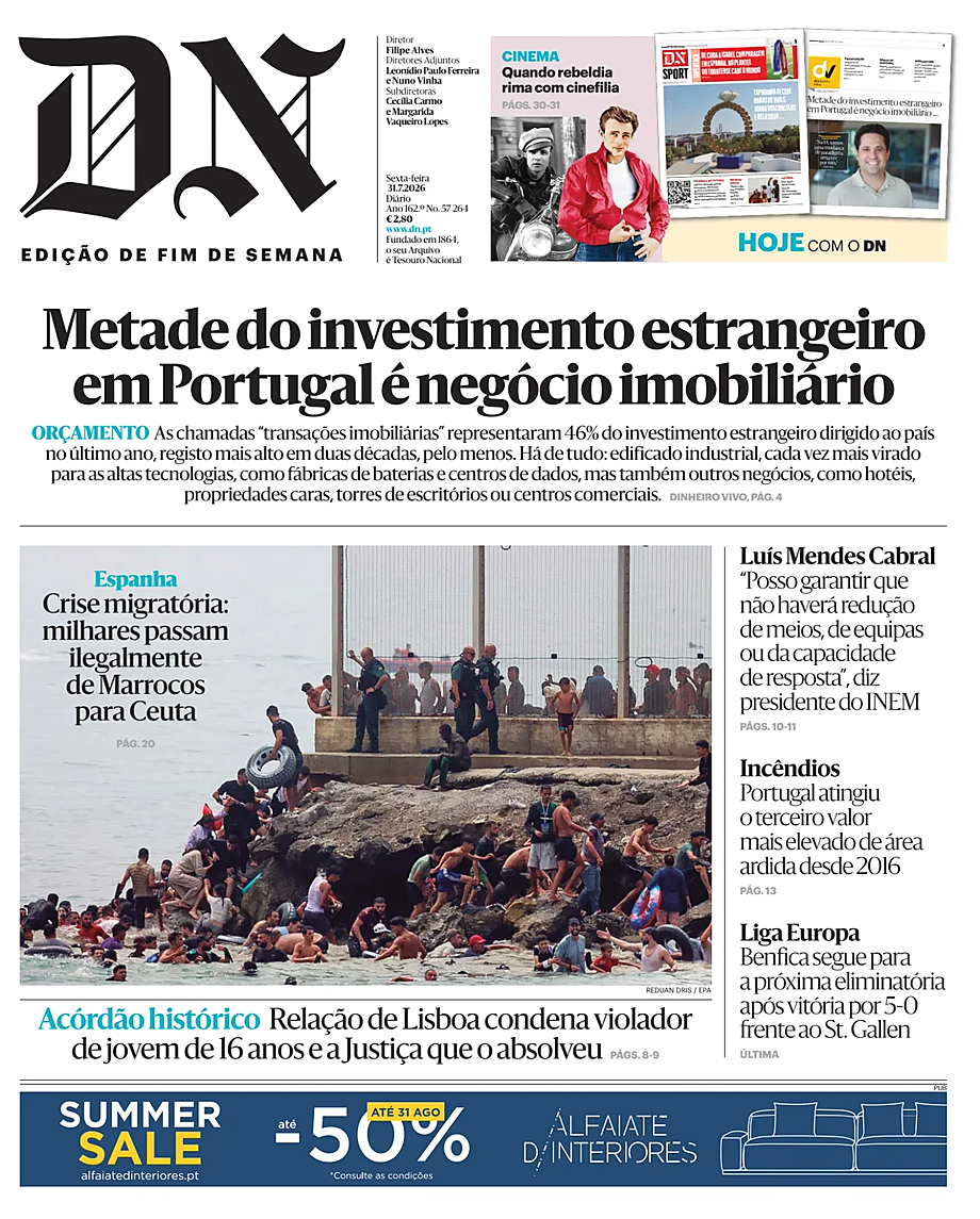 Capa de Diário de Notícias de hoje - Imprensa 31 Julho 2026