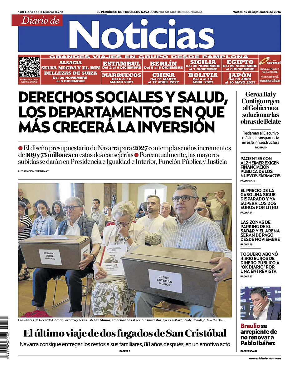 Portada Diario de Noticias de hoy - Quiosco 15 septiembre 2026
