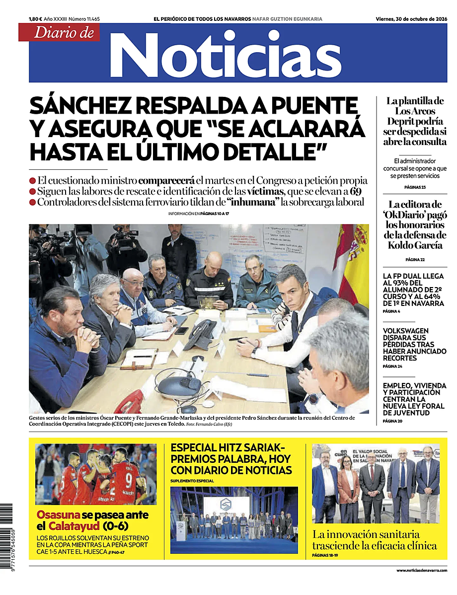 Portada Diario de Noticias de hoy - Quiosco 30 octubre 2026