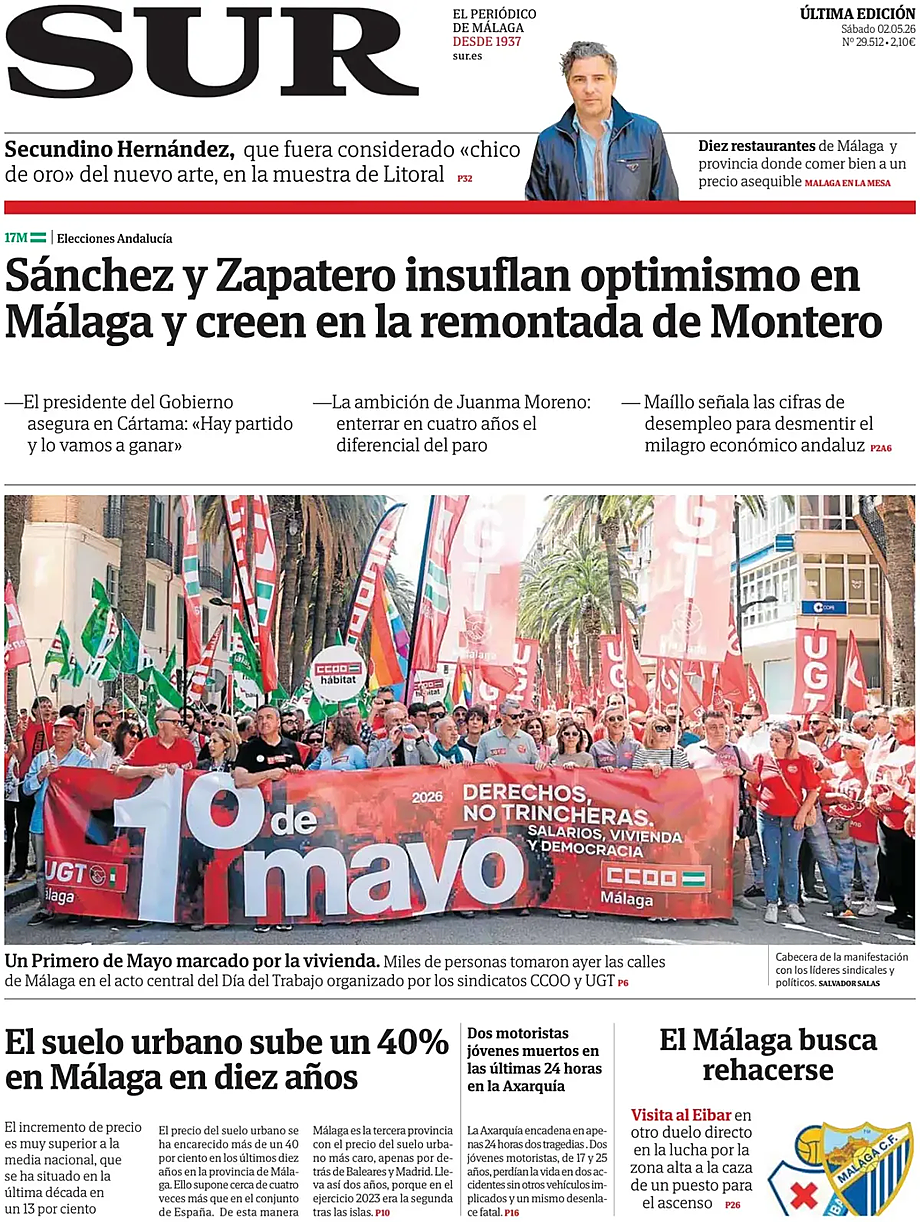 Portada Diario SUR de hoy - Quiosco 2 mayo 2026