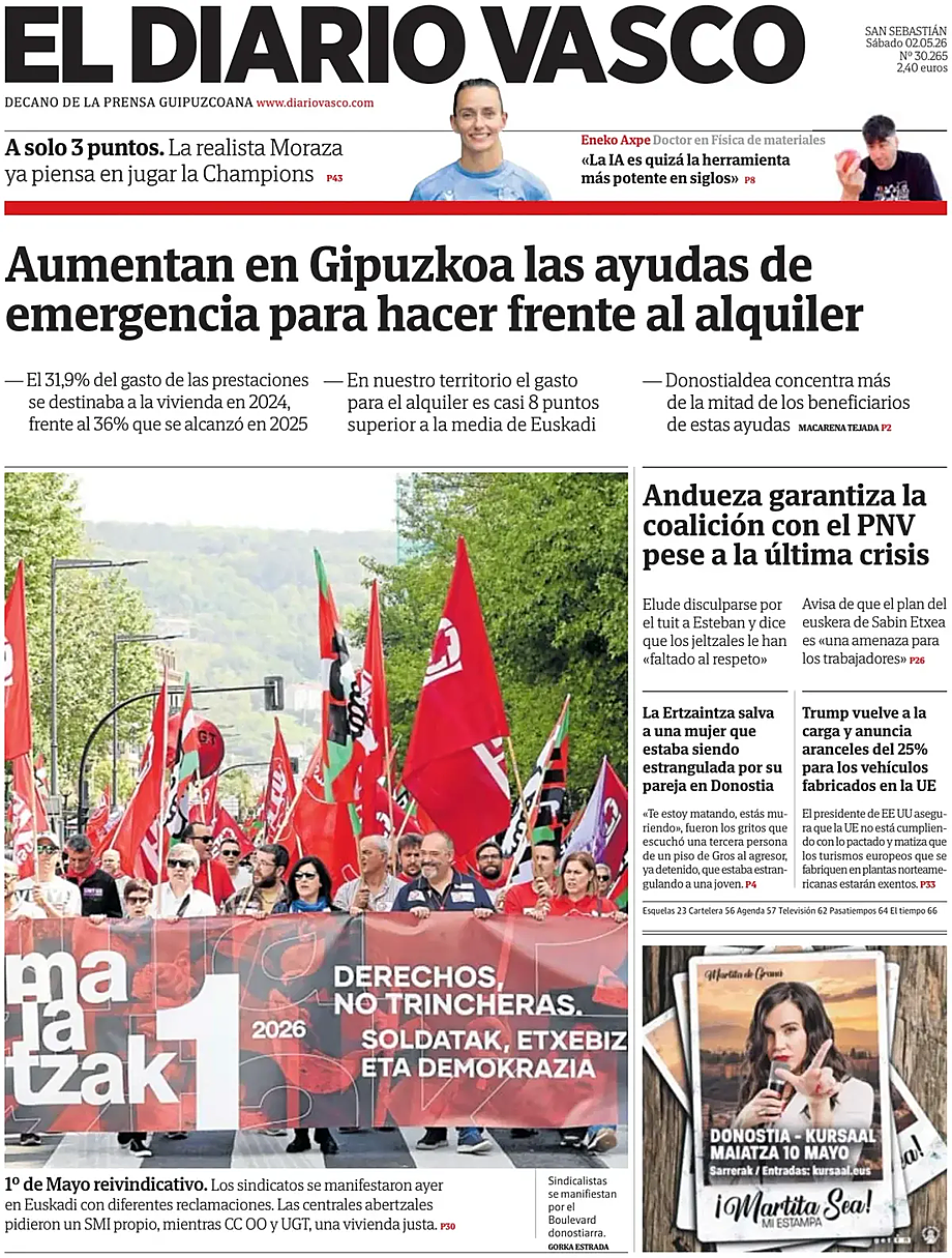 Portada El Diario Vasco de hoy - Quiosco 2 mayo 2026