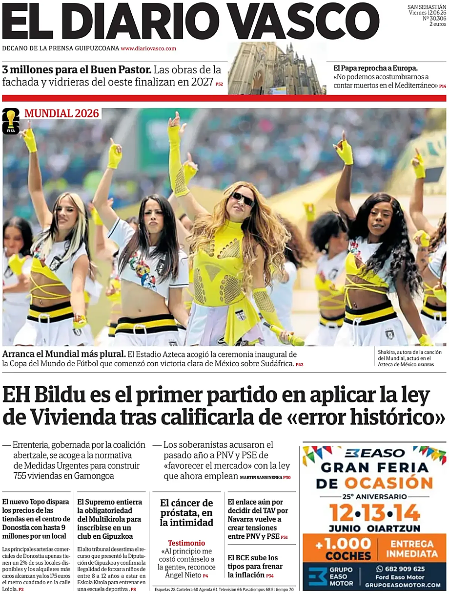Portada El Diario Vasco de hoy - Quiosco 12 junio 2026