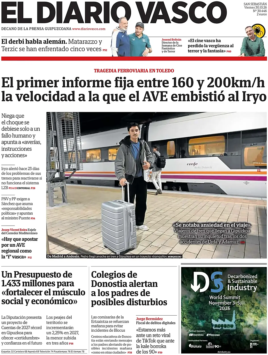 Portada El Diario Vasco de hoy - Quiosco 30 octubre 2026