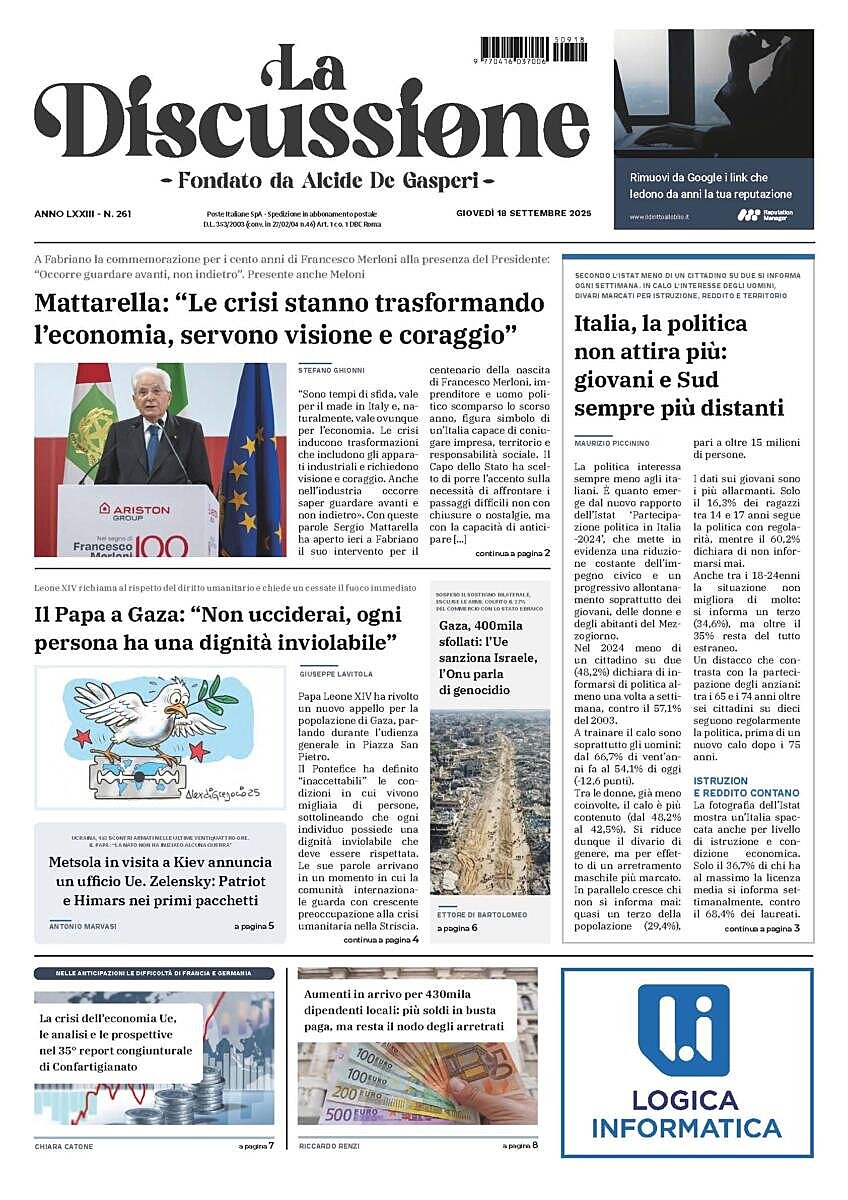 Prima pagina La Discussione di oggi - Edicola 18 Settembre 2025