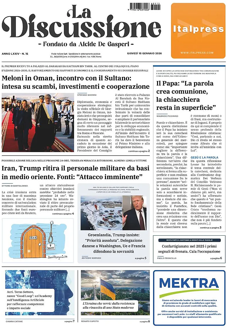 Prima pagina La Discussione di oggi - Edicola 15 Gennaio 2026