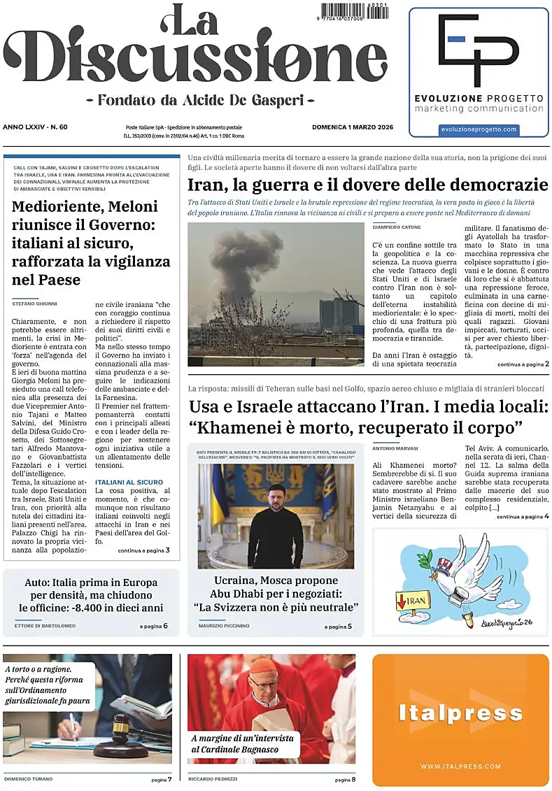 Prima pagina La Discussione di oggi - Edicola 1 Marzo 2026