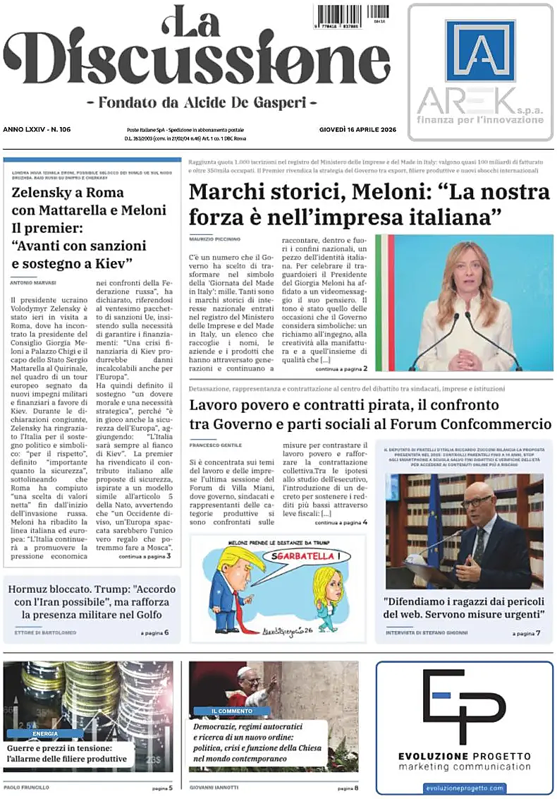 Prima pagina La Discussione di oggi - Edicola 16 Aprile 2026
