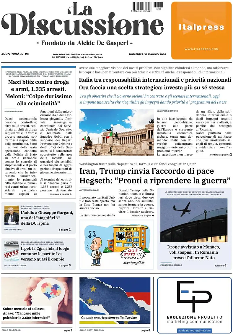 Prima pagina La Discussione di oggi - Edicola 31 Maggio 2026