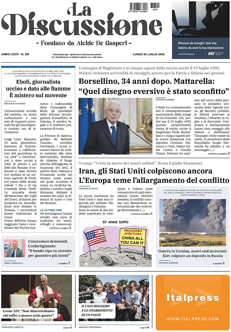 Prima pagina La Discussione di oggi - Edicola 20 Luglio 2026