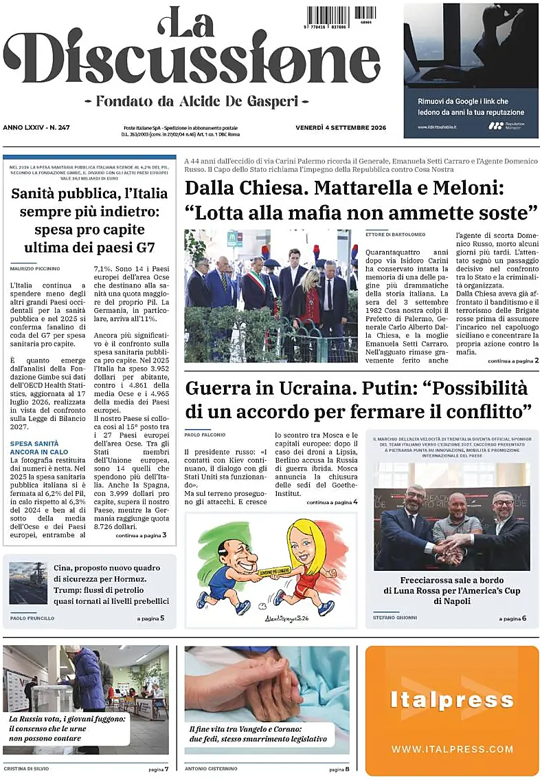 Prima pagina La Discussione di oggi - Edicola 4 Settembre 2026