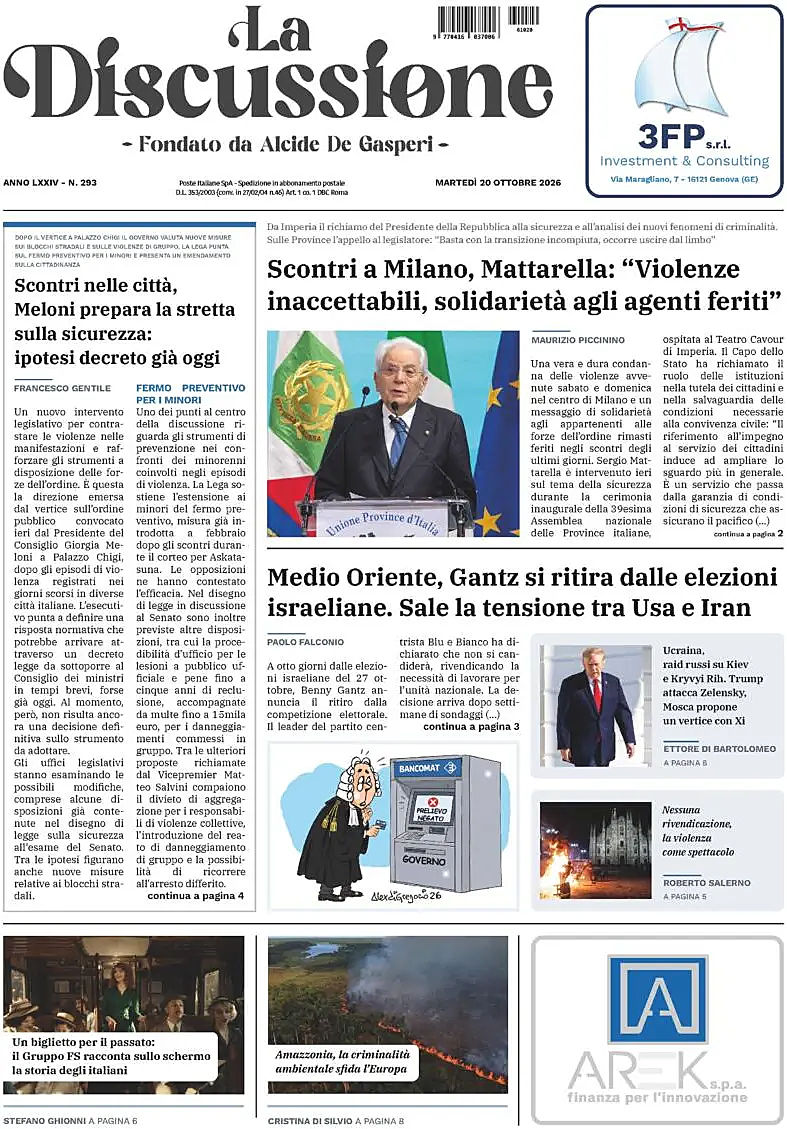 Prima pagina La Discussione di oggi - Edicola 20 Ottobre 2026
