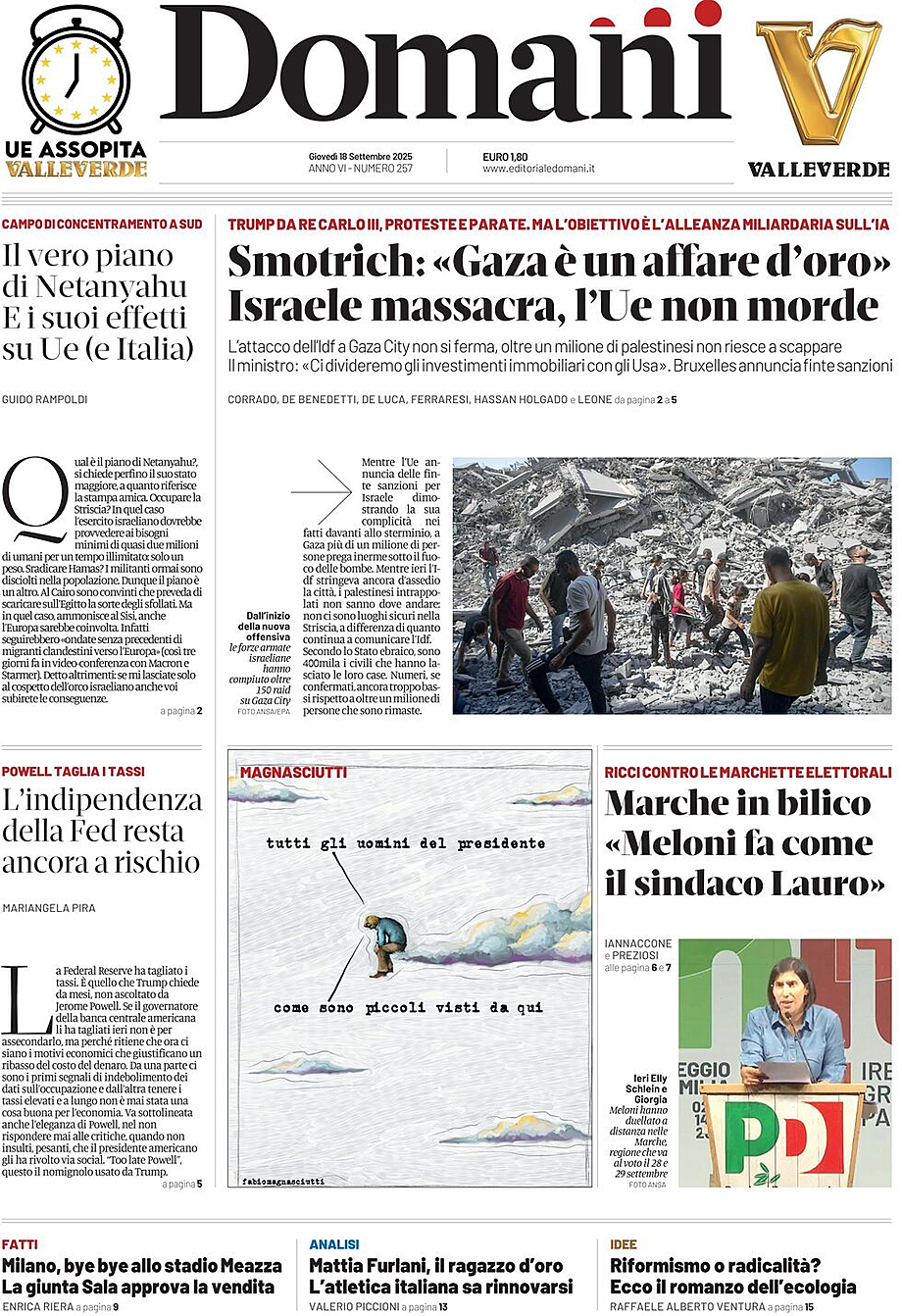 Prima pagina Domani di oggi - Edicola 18 Settembre 2025