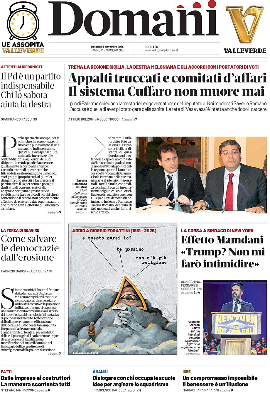 Prima pagina Domani di oggi - Edicola 5 Novembre 2025