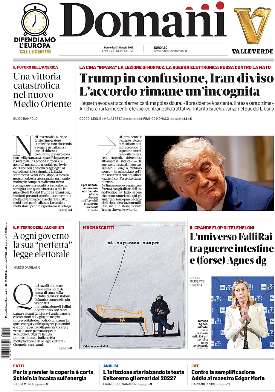 Prima pagina Domani di oggi - Edicola 31 Maggio 2026