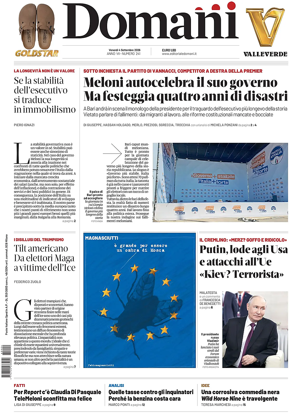 Prima pagina Domani di oggi - Edicola 4 Settembre 2026