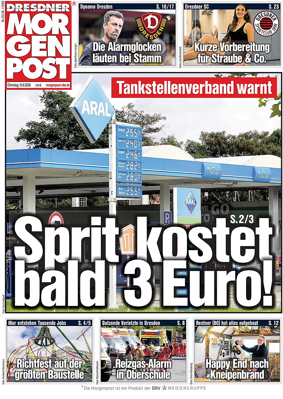 Titelseite von Dresdner Morgenpost heute - Presse 15 September 2026