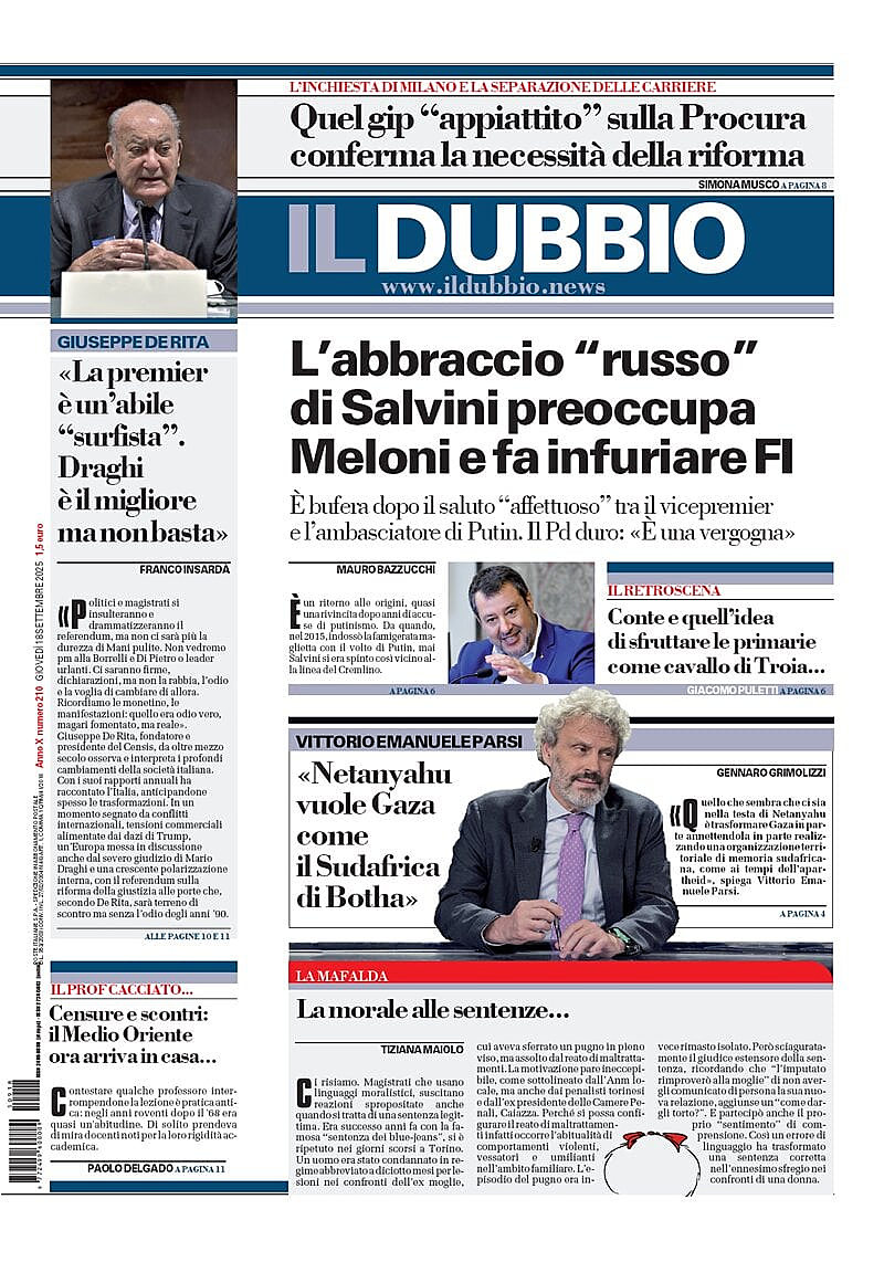 Prima pagina Il Dubbio di oggi - Edicola 18 Settembre 2025