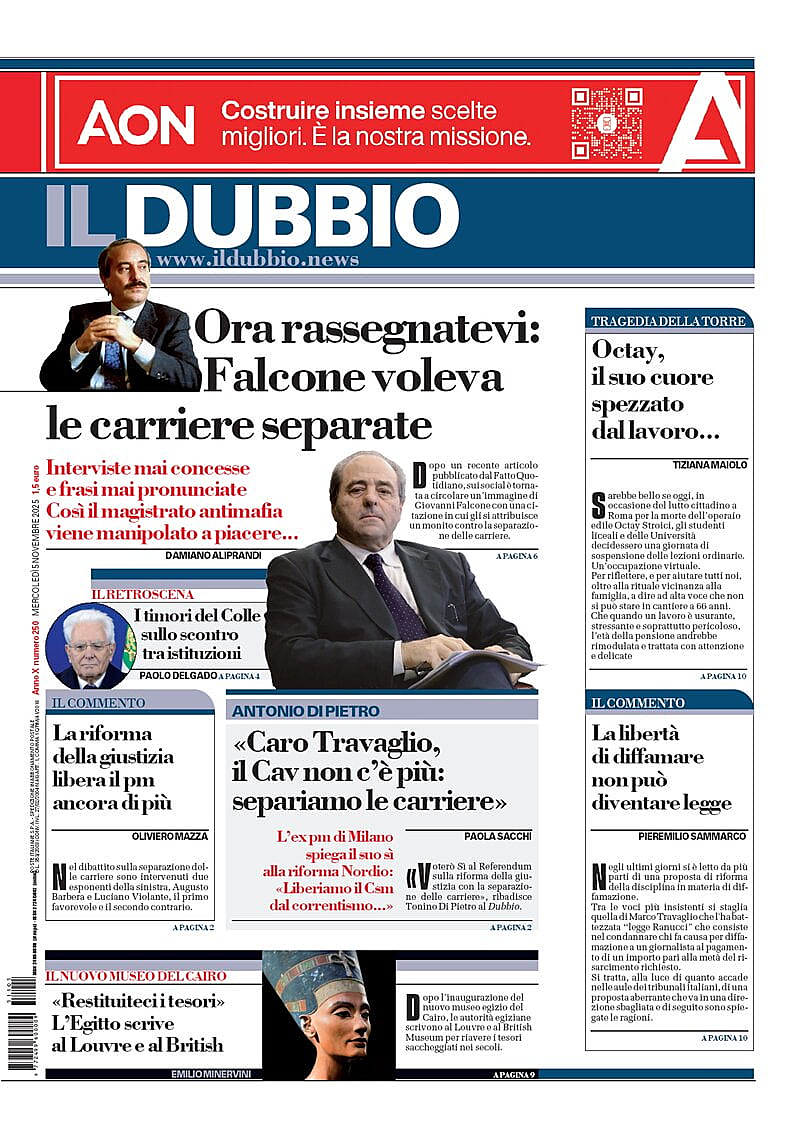 Prima pagina Il Dubbio di oggi - Edicola 5 Novembre 2025