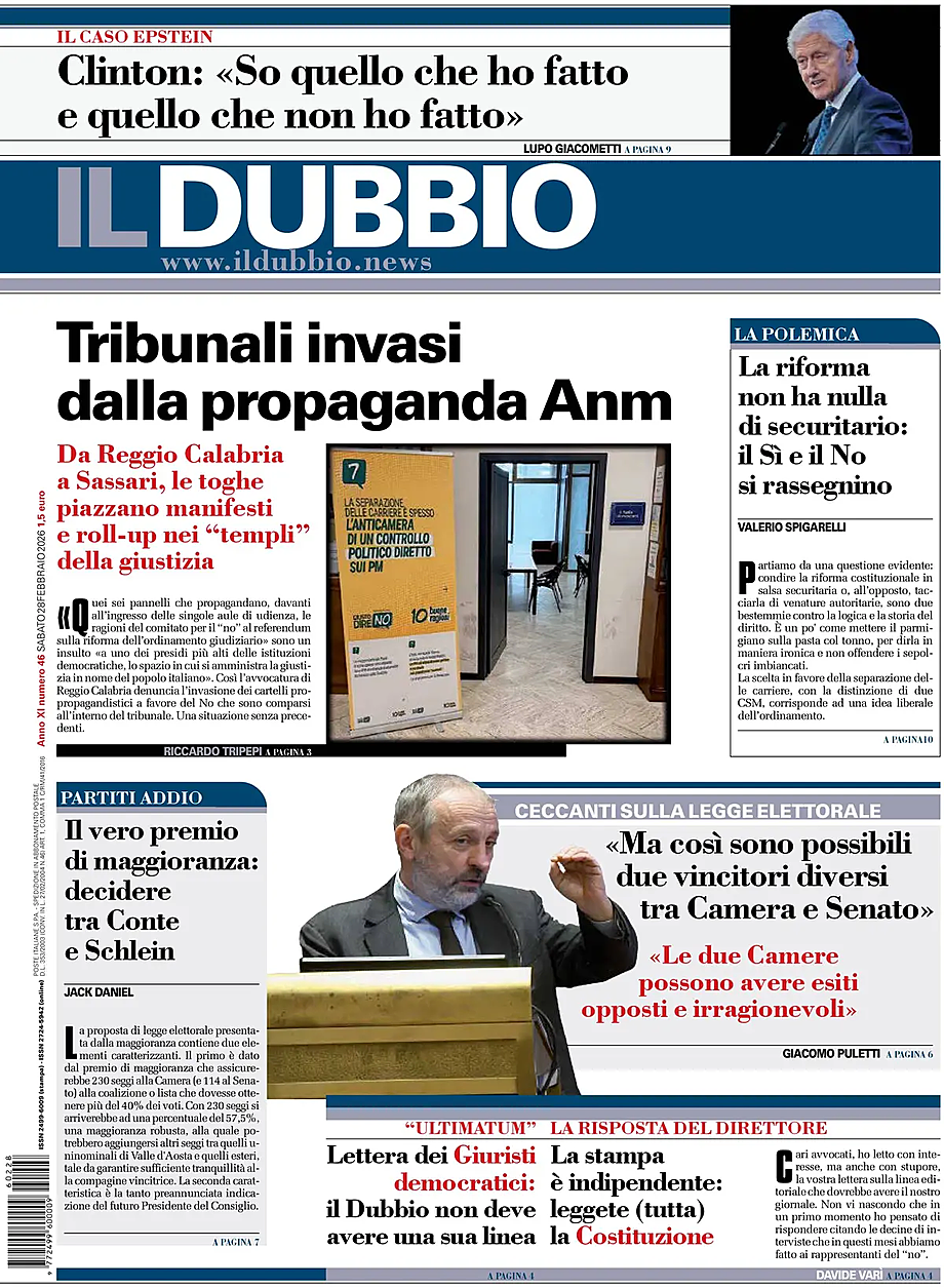 Prima pagina Il Dubbio di oggi - Edicola 28 Febbraio 2026