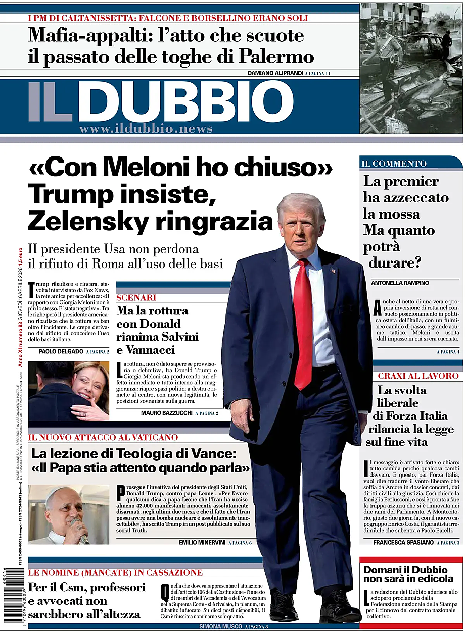 Prima pagina Il Dubbio di oggi - Edicola 16 Aprile 2026