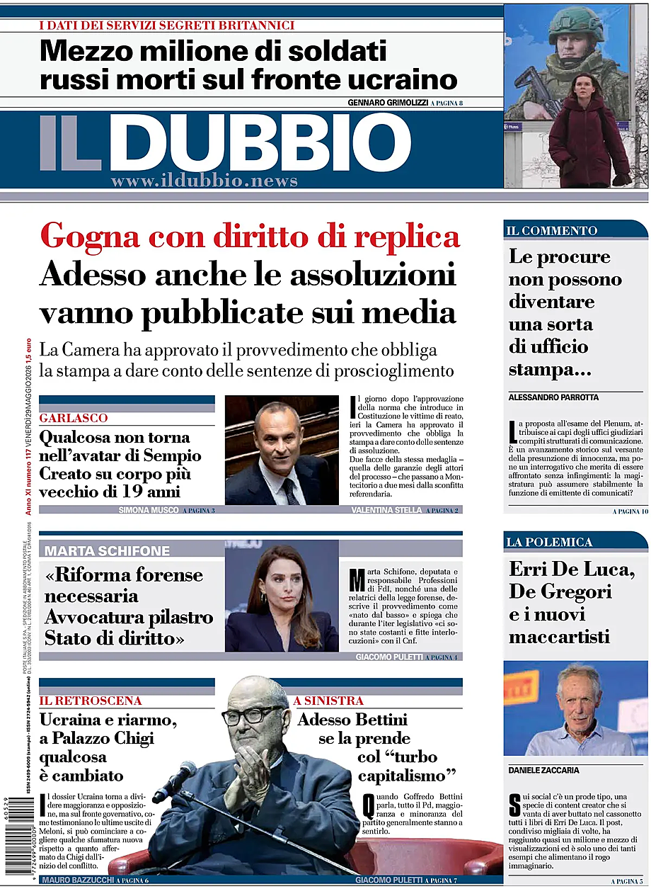 Prima pagina Il Dubbio di oggi - Edicola 29 Maggio 2026
