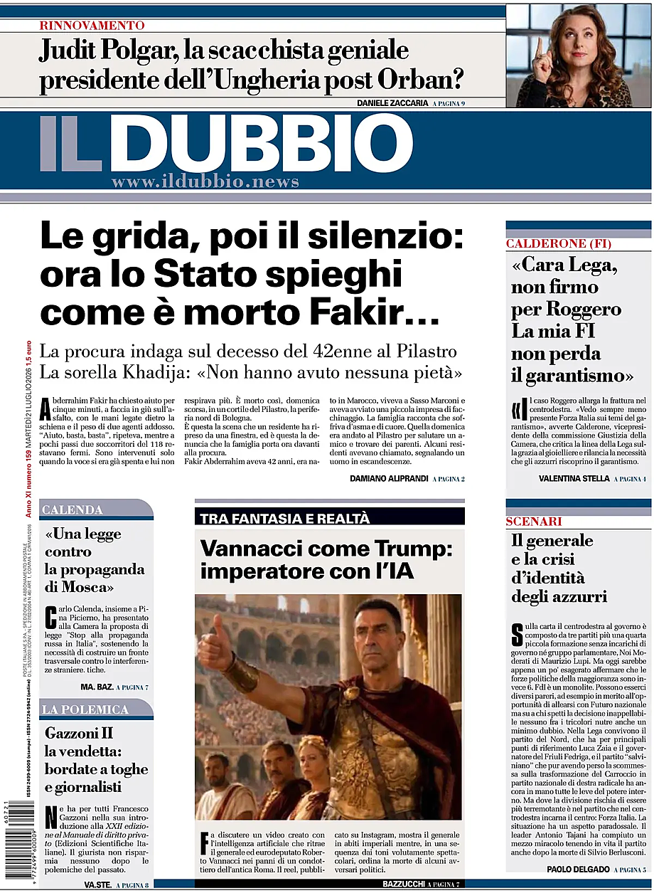 Prima pagina Il Dubbio di oggi - Edicola 21 Luglio 2026
